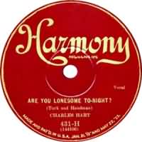 Are You Lonesome Tonight? ----- Charles Hart ----- 
"Are You Lonesome Tonight?" ist ein im Jahr 1926 geschriebenes Lied welches erstmals in der Version von Charles Hart ein Jahr spter aufgenommen wurde.<br>
Dieser Song wurde von vielen anderen Interpreten gesungen, die bekannteste jedoch drfte die von Elvis Presley aus dem Jahr 1960 sein.<br>
Weitere Coverversionen gibt es auch von The Clifters, Amanda Lear, Helmut Lotti, Ricky King, Frank Sinatra, Joy Fleming, Dei Flippers, Johnny Hill, Roy Black, Bata Ilic, Roland Kaiser, Heino, Karel Gott und Peter Alexander.<br>

