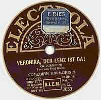 Veronika, der Lenz ist da ----- Comedian Harmonists ----- 
Die Comedian Harmonist waren ein bekanntes Berliner Vokalensemble dass von 1927 bis 1935 aktiv war, danach auch in anderen Formationen auftrat.<br>
In diesen 8 Jahren haben die Comedian Harmonists in dieser Aufstellung fast 70 Platten aufgenommen, "Veronika, der Lenz ist da" aus dem Jahr 1930 ist also nur einer von vielen Titeln.<br>
Andere Songs der Gruppe waren z.B. "Ein Freund, ein guter Freund", "Schöner Gigolo" und "Mein kleiner grüner Kaktus".<br>
